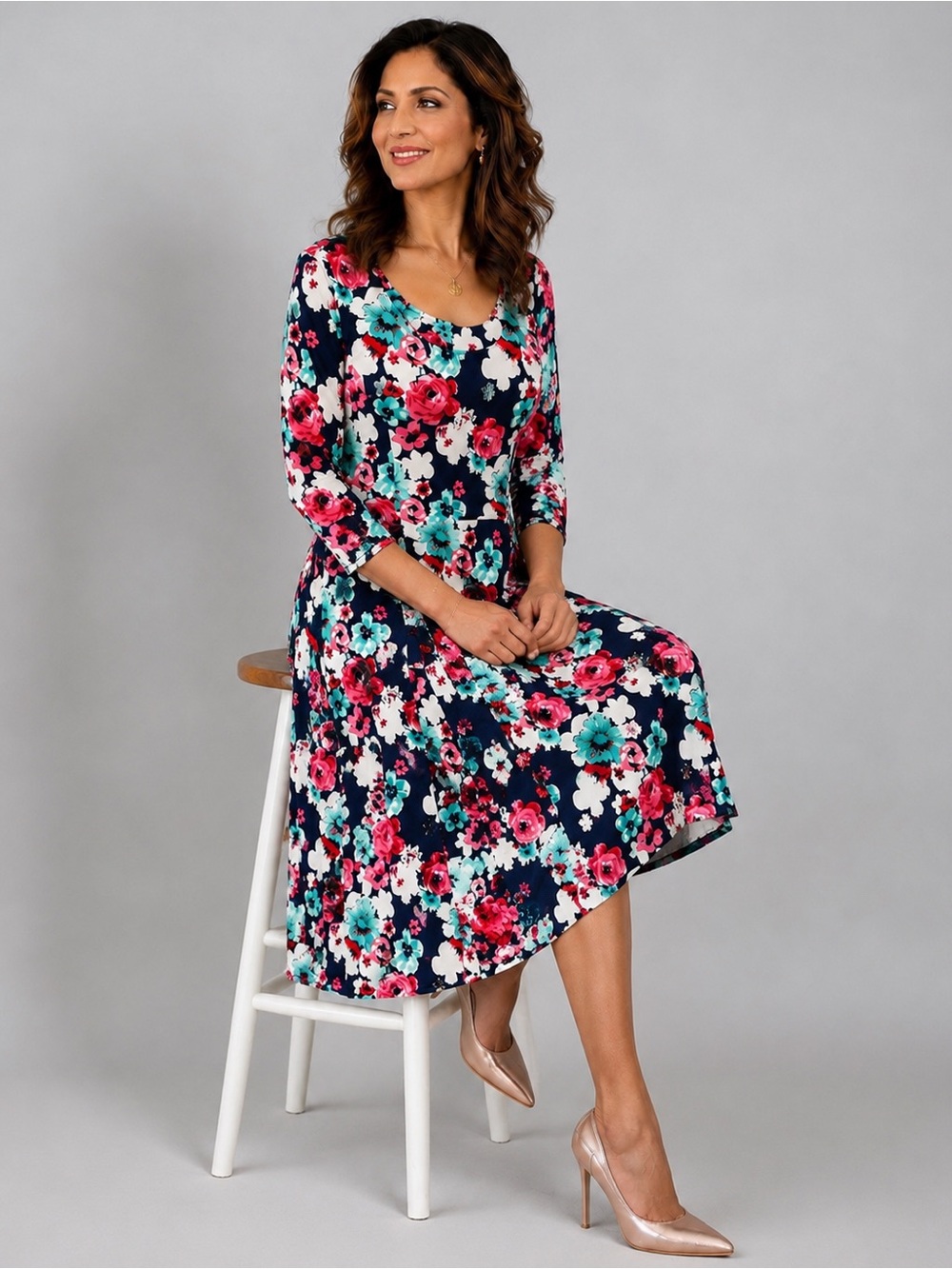Avital XL Floral Midi A-Line Dress Navy Pink Aqua 3/4 Sleeve Gorgeous NWOT